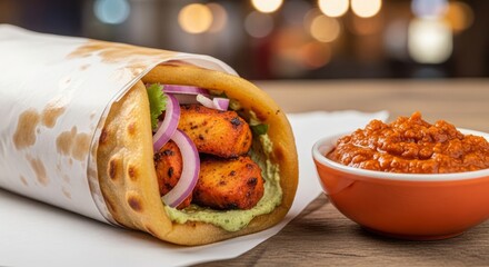Chicken tikka roll with sauce on the side on a wooden table indoors