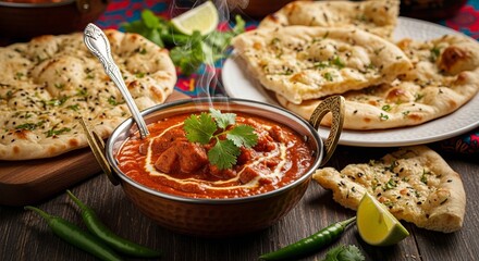 Delicious butter chicken with naan bread, lime and chili pepper on table