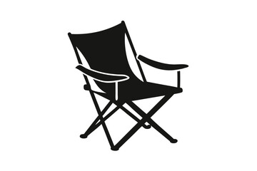 Minimalist silhouette depicts a foldable black camping chair with armrests on a white backdrop