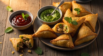 Delicious samosas with green and red chutney on a wooden table