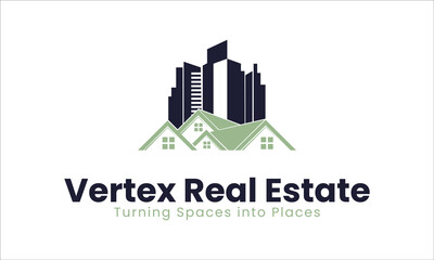 Fototapeta premium Modern real estate company logo for vibrant urban homes and city properties with building skyline