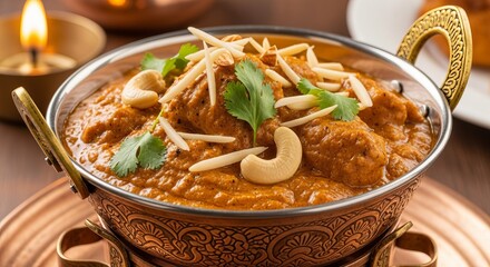 Delicious butter chicken served in a traditional copper bowl with cashew nuts