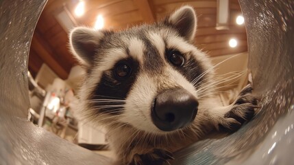 Un mapache asoma t&iacute;midamente desde un conducto de ventilaci&oacute;n, con una expresi&oacute;n de curiosidad y picard&iacute;a.