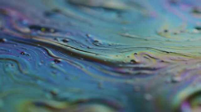 Vibrant abstract patterns of colorful oil and water mixture creating mesmerizing swirls and bubbles