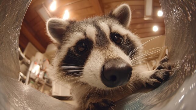 Un mapache asoma t&iacute;midamente desde un conducto de ventilaci&oacute;n, con una expresi&oacute;n de curiosidad y picard&iacute;a.