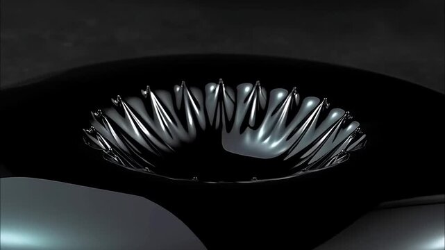 A dark, futuristic 3D rendering of a liquid metal surface forming a toothed vortex, an abstract sci-fi animation with hypnotic ripples