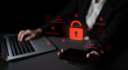 Digital security concept illustrating a cybersecurity breach, with a red unlocked padlock indicating data exposure among secure systems, emphasizing system vulnerability and risk Latch