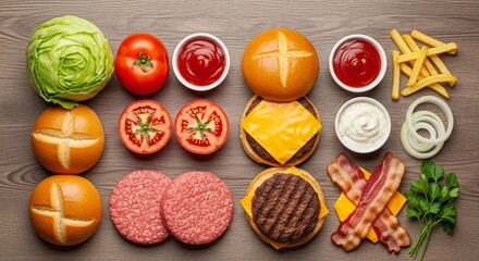 Overhead shot of burger ingredients arranged on a wooden surface