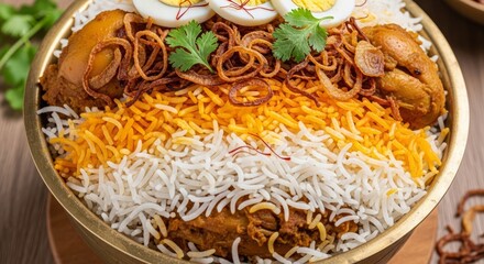Delicious chicken biryani with boiled eggs, fried onions, and fresh cilantro