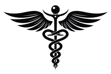 Black caduceus symbol with wings shows traditional symbol for medicine and healthcare