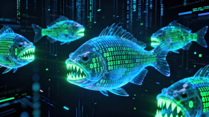 A group of neon fish with glowing teeth glides through a dark, digital ocean filled with cascading binary code. The scene blends nature and technology in an imaginative way