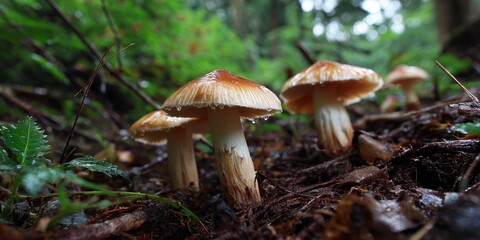 Mushroom Patch: A captivating cluster of wild mushrooms thrives amidst a dense forest floor, showcasing nature's intricate beauty and the mystery of the wilderness.