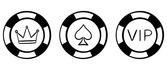 Simple black and white icon set as a doodle, circular poker chip in sketch style. Minimalist illustration of gambling token for casino, poker night, or betting concept