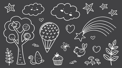 Hand Drawn Cute White Doodle Icons and Sketch Elements on Black Background Including Hearts, Balloons, Flowers, Fruits, and Fun Cartoon Symbols