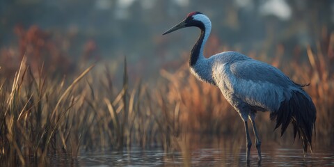 Elegant Crane in Wetland: A majestic crane stands gracefully in a wetland, its slender form and intricate plumage create a picturesque moment of tranquility amidst the natural beauty.