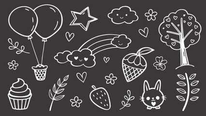 Hand Drawn Cute White Doodle Icons and Sketch Elements on Black Background Including Hearts, Balloons, Flowers, Fruits, and Fun Cartoon Symbols