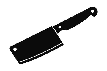 A black meat cleaver with a sharp blade is displayed on a white background