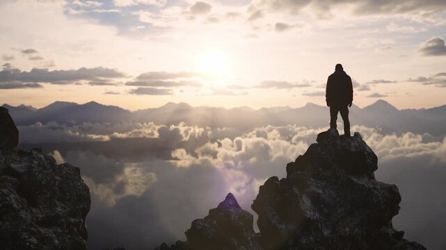 Majestic 3D Render: Man on Mountain Peak at Golden Sunrise Over Clouds