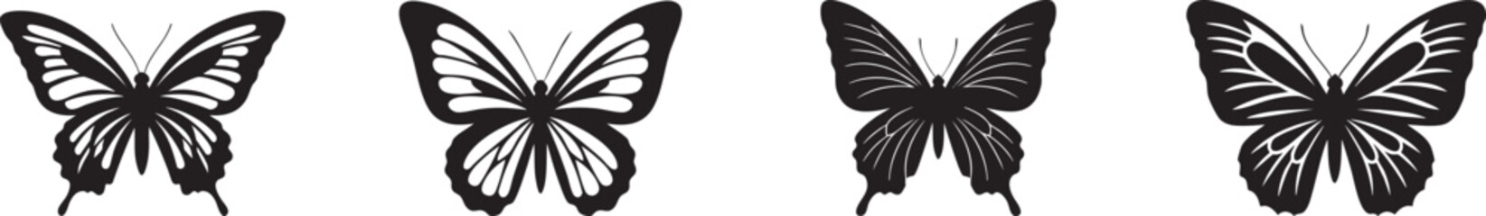 Four Different Butterfly Black Silhouettes Vector Set, AI Generative
