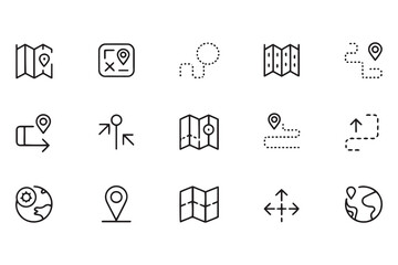 Collection of black line art navigation and map icons