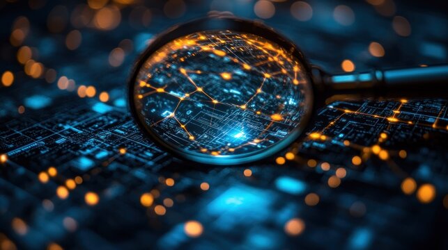 Magnifying glass over circuit board, glowing network