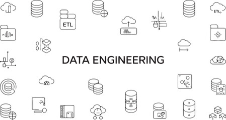 Data engineering icons and text on white background