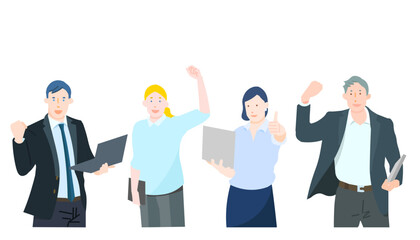 パソコンを持ってガッツポーズをする男女ービジネスパーソンービジネスチームのベクターイラスト素材