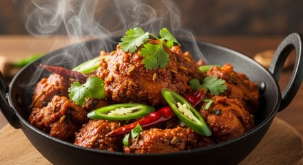 Spicy chicken masala in a bowl with coriander and chili pepper garnish