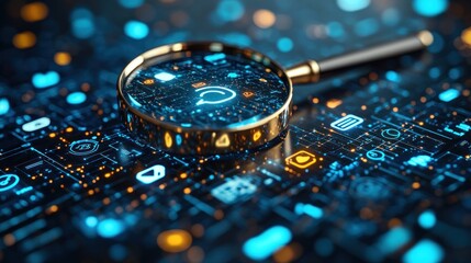 Magnifying glass over glowing circuit board with communication icons