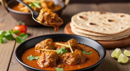 Mouthwatering chicken curry with roti, lime, and fresh cilantro garnish