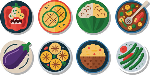 Collection of Eight Geometric Style Food Icons Featuring Vegetables and Dishes in a Modern Flat Design Aesthetic