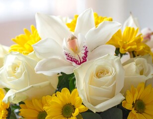 Bouquet of white roses, orchids, and daisies