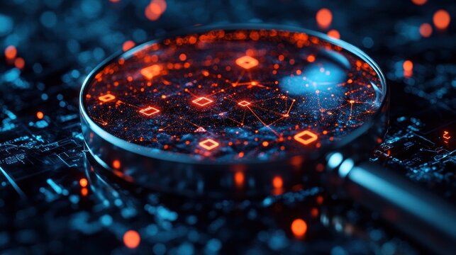 Magnifying glass over glowing circuit board - Powered by Adobe