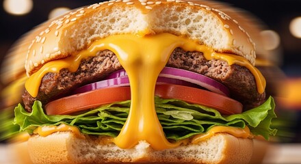 Delicious cheeseburger with dripping cheese, tomato, onion and lettuce