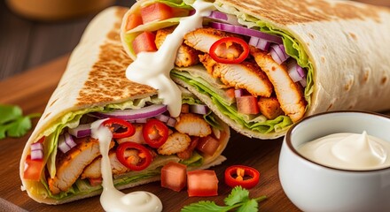 Grilled chicken wrap with fresh vegetables and sauce on wooden board