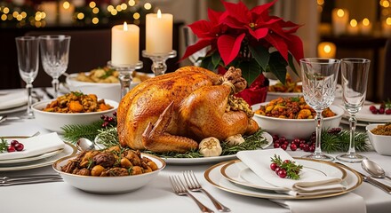 Roasted turkey on a festive christmas table setting with candles and poinsettia