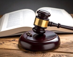 Gavel and book on wooden table