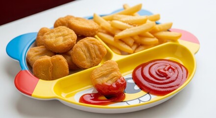 Chicken nuggets and french fries with ketchup on a colorful kids plate