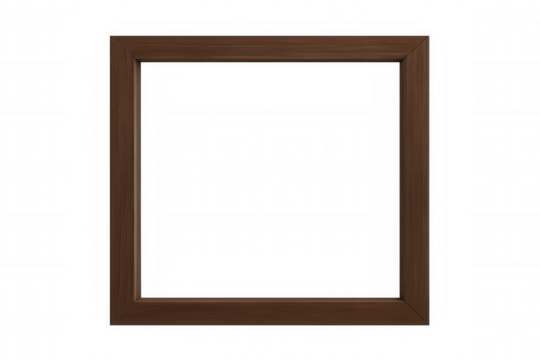 Empty brown wooden picture frame with transparent background, simple square wood border, adding text or image