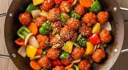 Sweet and sour chicken with colorful vegetables in a cooking pan