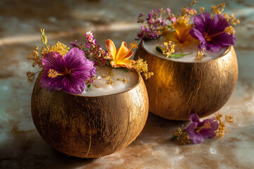 Festive Thai coconut cocktail, served in coconut shell, decorated with tropical flowers and gold accents