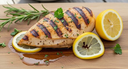 Grilled chicken breast with lemon and rosemary on a wooden cutting board