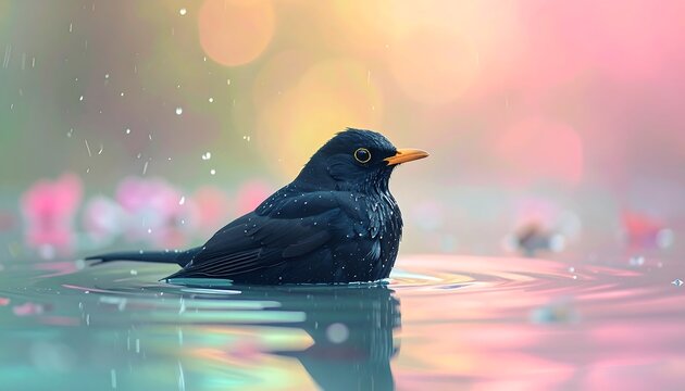 Blackbird in a pool of water