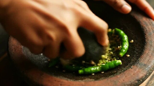 A person uses a traditional stone mortar and pestle to grind fresh green chilies and garlic preparing a spicy Indonesian sambal.