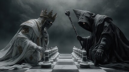 Fototapeta premium Un rey espectral y una figura encapuchada se enfrentan en un tablero de ajedrez, simbolizando una batalla épica entre el poder y la oscuridad.