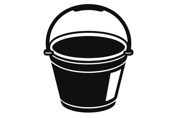 Isolated bucket icon in black silhouette has a handle over a solid white backdrop