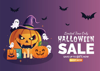 Spooky Halloween sale background with typography, pumpkin, ghost, witch hat, and decor. Perfect for trick or treat deals, discounts, online stores, and October 31st promotions.