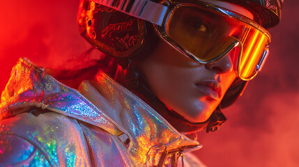 tattooed female biker wearing holographic jacket and reflective helmet