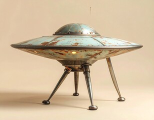 Rusty turquoise spaceship model with three metal legs and an antenna