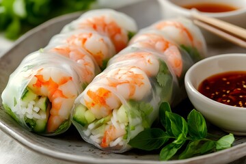 Close-up of Fresh Summer Rolls with Prawns, Cucumber, and Rice Noodles